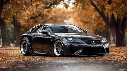 Black Lexus coupe on tree-lined autumn street in park setting.