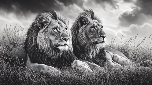 Two Lions Resting in African Savanna Grassland.