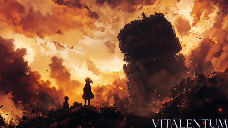 Silhouetted children before collapsing industrial tower at dusk