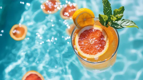 Grapefruit Cocktail Floating in Pool Water
