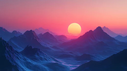 Radiant sunrise pours soft light over dreamy blue peaks