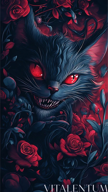 Stylized dark feline head surrounded by red roses floral.
