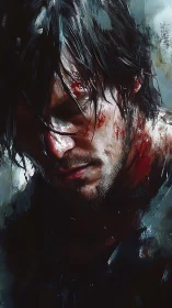 Wounded warrior bends under darkness and fractured light.