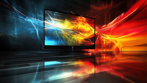 Glowing screen gateway between cool blues and fiery light.