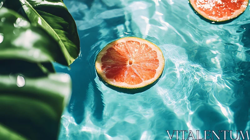 Photographic study of citrus slices drifting on pool water.
