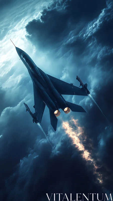 Stealth fighter jet pierces storm clouds with afterburners