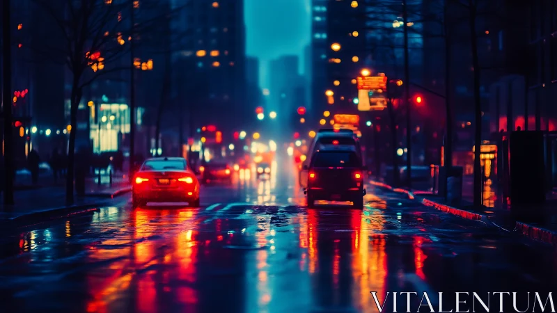 Rain-soaked city street glows with blurred neon reflections
