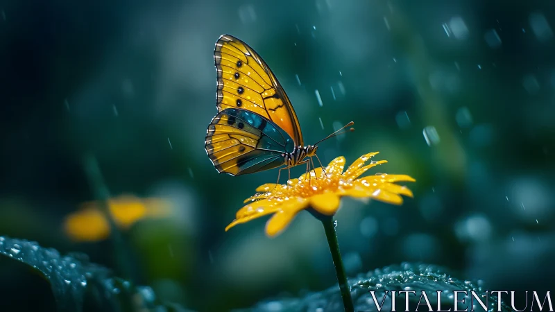 Butterfly on yellow flower under gentle rain shower.