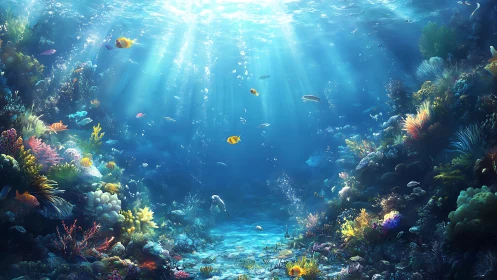 Sunlit coral reef scene shows diverse fish and dense marine life