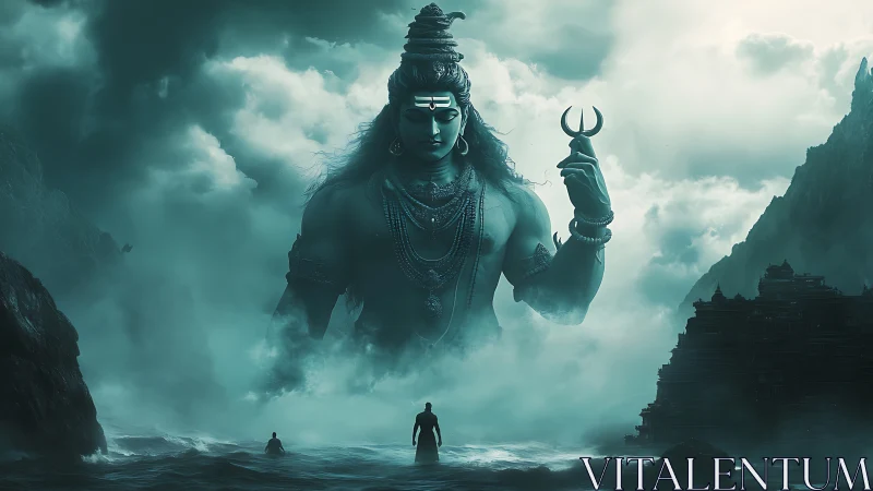 Gigantic serene deity emerges from misty ocean storm.