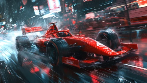 Red single‑seater racing car on wet neon city street at night.