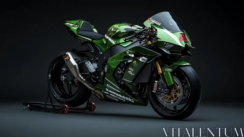 Track-tuned green superbike under dramatic studio lighting.