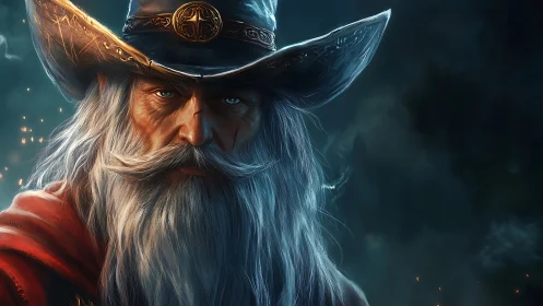 Weathered wizard portrait with hat, cloak, and sparks.