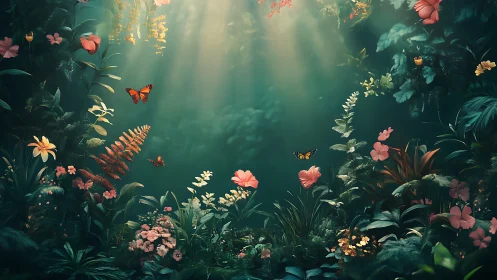 Butterflies move through dense, softly lit forest flowers