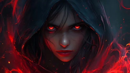 Fierce hooded mage locks eyes with you through swirling fire