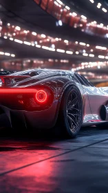 Futuristic supercar glows under neon tunnel lights. Period.