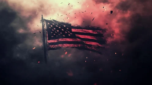 Torn American flag drifting through ember choked storm sky.