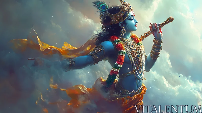 Digital painting of divine flutist amid luminous storm clouds.