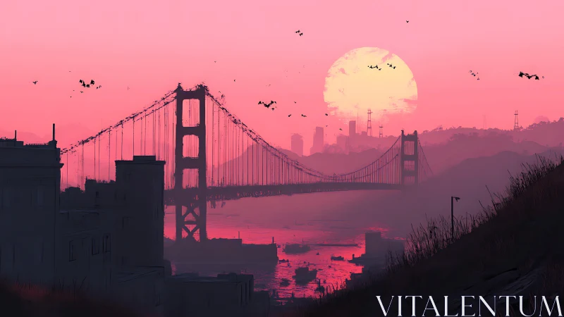 Golden Gate suspension bridge under neon pink cinematic sunset.