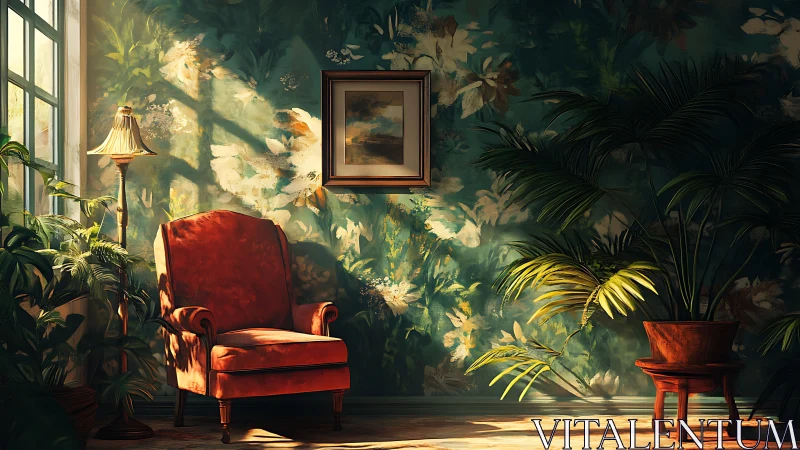Sunlit velvet armchair in lush floral sitting room corner.