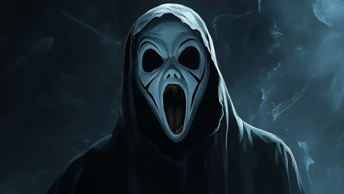 Hooded skeletal figure with screaming mask on dark background