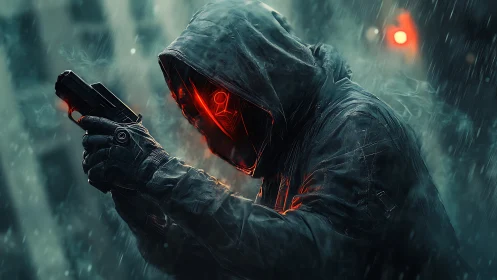 Hooded cyberpunk gunman with red visor in heavy rain.