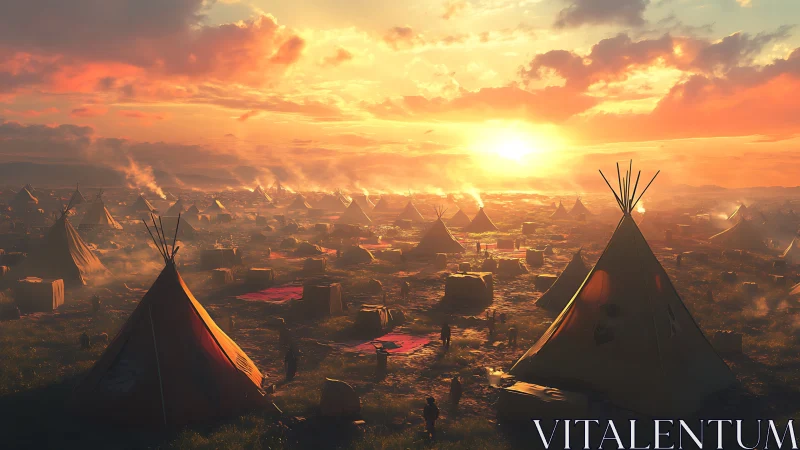 Sunlit nomadic camp panorama renders atmospheric dusk scene
