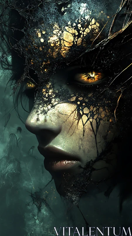 Rendered face partially obscured by branching organic lattice