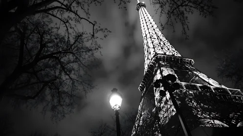 Eiffel Tower rises in dramatic monochrome Paris night sky