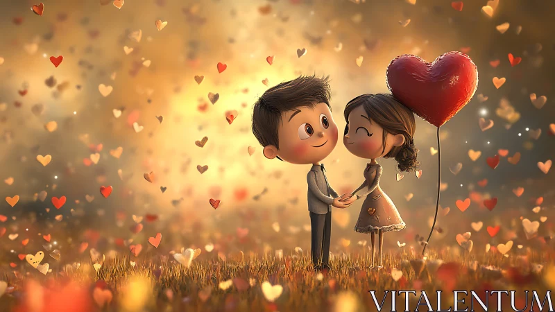 Animated couple holding heart balloon amid floating hearts.