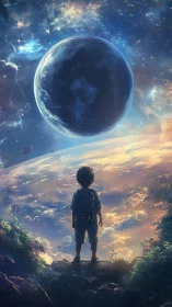 Child stands on cliff observing large planet in sky