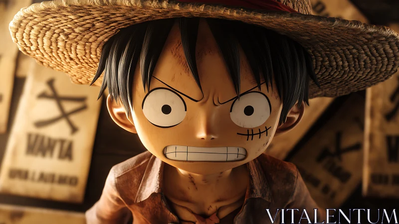 Straw hat pirate glares against blurred bounty posters.