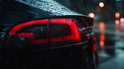 Rear LED tail light in night rain with reflective water droplets