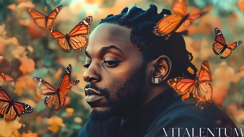 Digital portrait of man surrounded by glowing monarch butterflies.