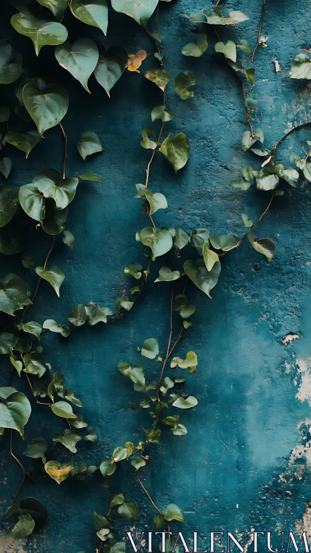Climbing ivy tendrils on weathered teal stucco wall surface.