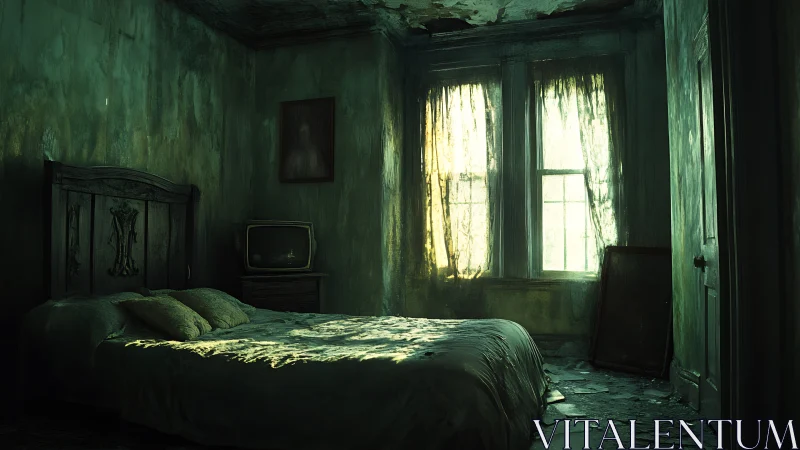 Moody forgotten bedroom wrapped in ghostly green light.