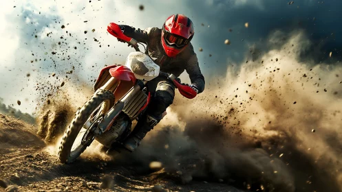 Motocross rider carves aggressive turn through flying dirt
