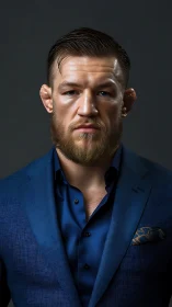 Bearded man in tailored blue suit stares forward