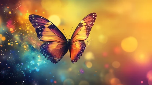 Radiant butterfly glows against dreamy rainbow bokeh sky.