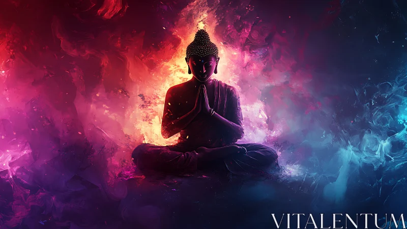 Serene meditating figure rests between fire and calm light