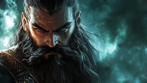 Stoic warrior portrait in cold teal storm glow.