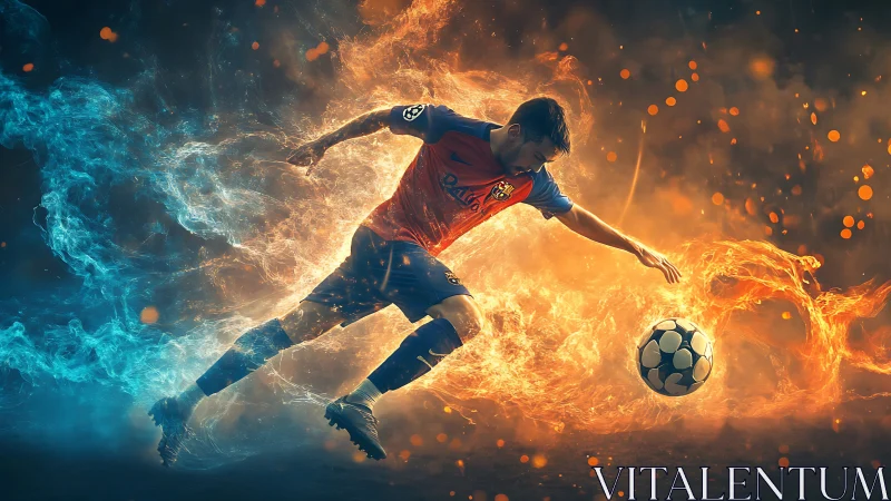 Soccer player kicking ball amid blue and orange energy effects.