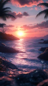Tropical coastline glows under vivid digital sunset sky