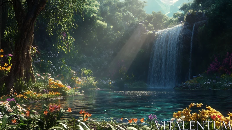 Lush forest waterfall with sunlit pool and flowers.