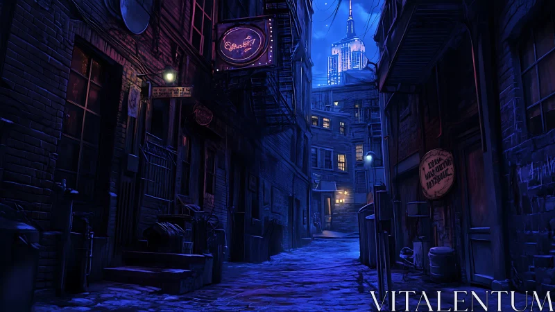 Nocturnal urban alleyway with neon signage and skyline glow.