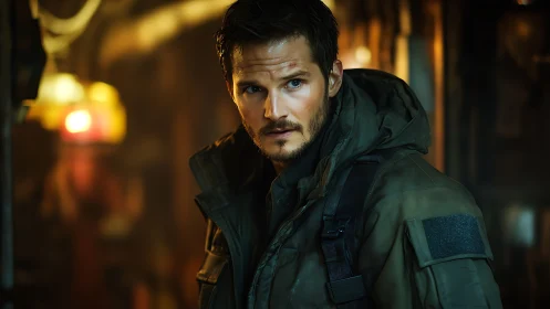 Weathered wanderer pauses in warm light, quietly alert