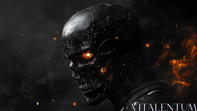 Molten cyber skull portrait in infernal ember haze.