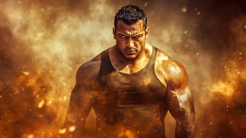 Muscular warrior emerges from fiery dust in high-impact digital art