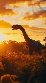 Long-necked dinosaur strides through blazing sunset field