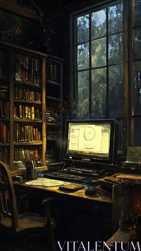 Digital workstation contrasts softly lit library and tall window